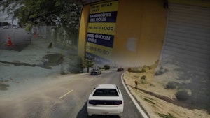 A composite digital image showing three scenes blurred into each other; a video game scene of a car on a highway; advertising for food takeaways on the side of a corner store; roadworks