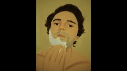 A painting of a person applying shaving foam.