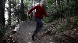 A person runs through bush along a path.