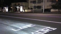 On a suburban street the words Maori Lane have been painted onto the road in the style of road markings.