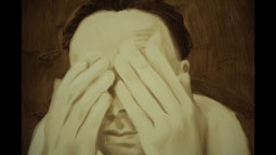 A painting of a person wiping their face with their hands.