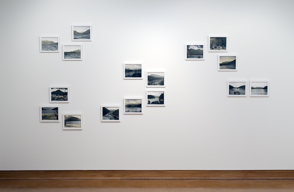 Photographs framed and installed in a scattered arrangement