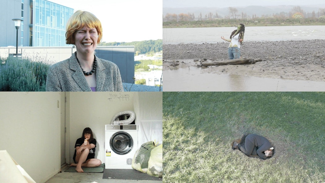 Four images of Fantasing each consume one-quarter of the image, depicting the band members: crying in a wig, kneeling screaming on a river bank, holding a lighter sitting by a machine, curled up in a dirt hole in a park.