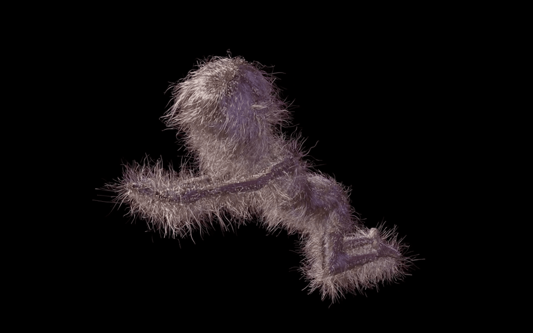 A digital person covered in hair is crawling through a blank void