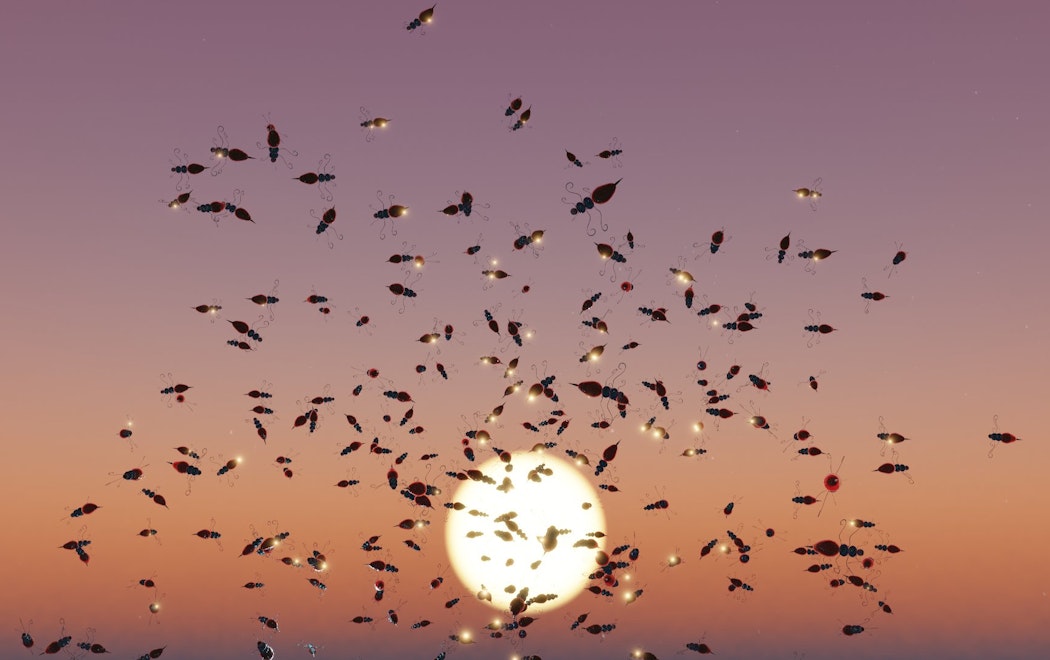 Digital-rendered insects swarm in front on a purple and orange sunset