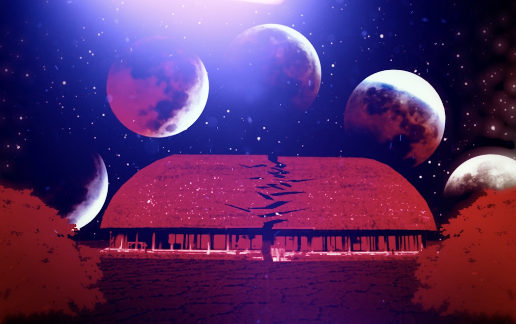 Set against a dark, starry sky, four moons in various phases create an arc over a digital image of a red-toned Samoan meeting house, flanked on either side by red bushes.
