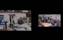 A split screen image of a person working in an industrial workshop.