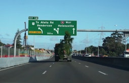 A tree hangs off the back of a truck driving along a motorway.