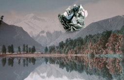 A scrunched up piece of paper is superimposed over a painted landscape of a lake and snowy mountain.