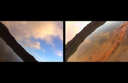 A split screen image, both showing views of glassy lakes from obscure angles.