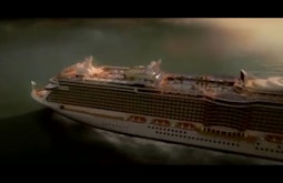 A CGI cruiseship sails at dusk.