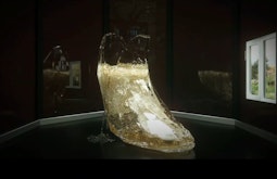 Bronze carbonated liquid pours from a CGI glass slipper.