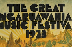 An orange tinted drawing of hills and a sun are overlayed with text reading, The great ngaruawahia music festival 1973