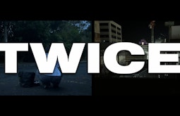 A split screen, the word TWICE is written large in white on screen