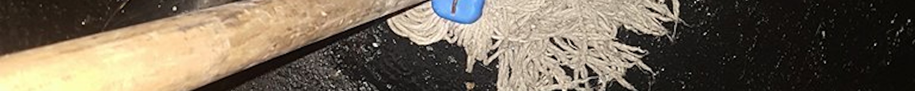 A hairy mop is being pushed against a shiny black concrete floor in a sex on site club. The image is taken looking down at the mop and the artists feet probably mid way through mopping the floor.