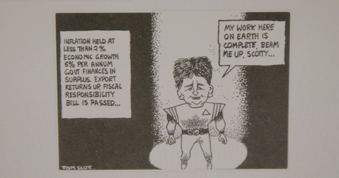 A Tom Scott newspaper cartoon of Ruth Richardson dressed in a Star Trek costume, saying "My work here on Earth is complete, beam me up Scotty"