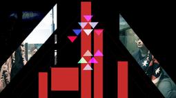 A digital collage of images and arrow-like patterns in red, pink, and blue.