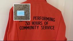 A jacket with embroidered text on the back reads "After performing 30 hours of community service". An image of a surgical mask is super-imposed on the left.