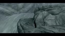 A digitally rendered scene of a river running between large rocks.