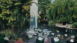A digital collage of a stream in a public garden. Superimposed TV's float in the stream.