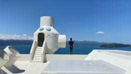 A figure stands on the rooftop of a building looking over the Wellington Harbour. To the left there is a small room or shed on the rooftop with "Anth 1940-2015" written with black paint.