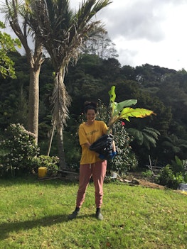 Ahilapalapa stands outside, holding a large plant with plastic over it’s roots, smiling. They are wearing a yellow t-shirt which reads “PASIFIKA”, red pants and gumboots.