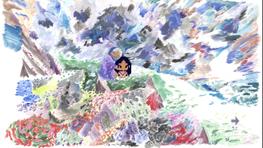 A cartoon grandmother walks with a young māori girl dressed in piupiu and tāniko. They walk across a hand-drawn landscape of multiple colours and textures.