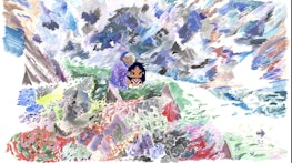 A cartoon grandmother walks with a young māori girl dressed in piupiu and tāniko. They walk across a hand-drawn landscape of multiple colours and textures.