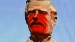 A sculpture of a Governor Grey with red paint on his face is made to talk as a deepfake.