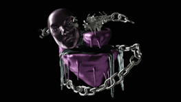 A digitally rendered image of dripping purple object with a metalic silver chain and a face