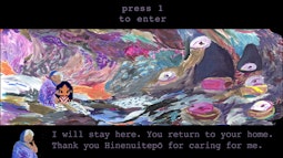 A digital character of a Māori girl and her tipuna roam through an abstract painted landscape. At the bottom of the frame is the text "I will stay here. You return to your home. Thank you Hinenuitepō for caring for me."