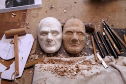 Hand crafted masks of faces carved from two different woods with different colours
