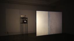 In a gallery an abstract beige image is projected from a slide projector onto a translucent hanging screen.