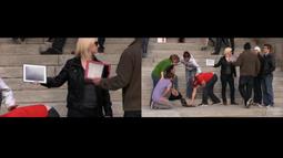 Two images side by side, one close up and one far away of a woman holding an iPad. There are people grouped around her.