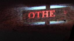 An LED sign and a view of a landscape are laid over one another.
