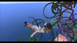A CGI person goat hybrid floats in digital space surrounded by spirals.