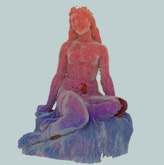 A 3d scan of a sculpture of the Pania of the Reef which is displayed in Hawkes Bay. This depiction has changed the colours of the sculpture to be a gradient of blue, purple, red and orange. The3d scan sits against a teal background