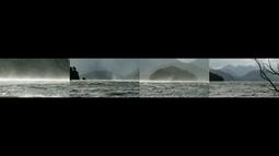Four films of water and distant hills play side by side.