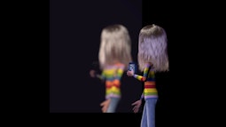 In a black void an animated figure with long blonde hair wearing a rainbow jersey stands facing their reflection.