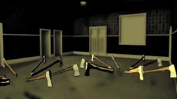 Animated axes float in a dark room, there are many doors all of which are closed.