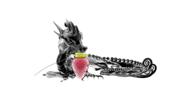 A glossy black digitally animated dragon is lying in a white space with a glassy strawberry next to its mouth.