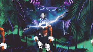 A digitally collaged layered image of lighting striking forks infront of a muscular man wearing traditional pasfika costuming against a background of palm trees