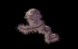 A digital person covered in hair is crawling through a blank void