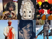Montage of a māori doll, hei-tiki, golliwog, governor Gray statue vandalised with red paint, pākehā women with moko kauae, colonial statue.