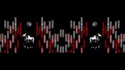 Red and white Māori patterns fill the frame with a mirrored image of 2 groups of people with a moon above them.