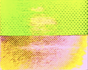 Two swathes of textured colour with a horizontal line dividing them, green on top, and pink underneath.