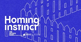 Blue poster with white lettering that reads 'Homing Instinct'. A simplified fence design is in the background.