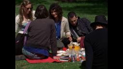 A group of people sit on a blanket having a picnic on a sunny day.
