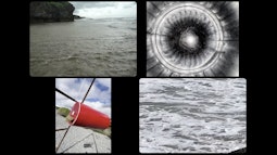 Four images are imposed over a black background. Two images are of the sea. One is of a red hanging sculpture on a beach. One is of an abstract metal sculpture.