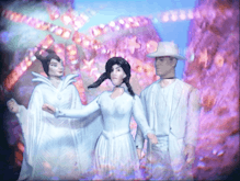 Three plastic characters are all dressed in white in front of a bright pink and blue swirling background. One character is wearing a headpiece with sharp horns, another is wearing a white cowboy hat.